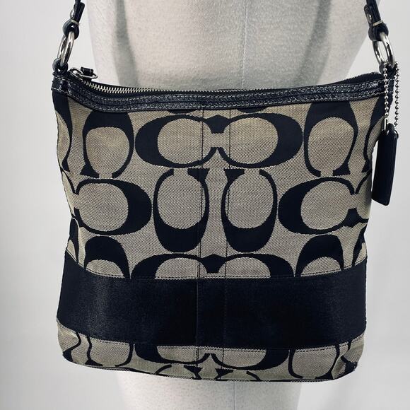 Vintage Y2k Coach Signature Stripe Logo Shoulder Bag Zip Top Canvas Black Gray - Picture 9 of 16